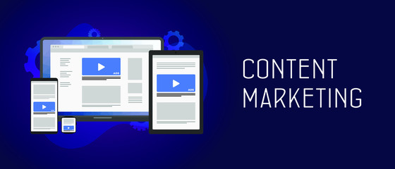 Fototapete - Content Marketing Internet blogging and SMM strategy advertising concept. Different size mobile gadgets with native ads. Header and footer vector banner template with text isolated on dark background