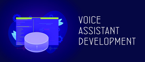 Poster - Smart Voice Assistant development application cooncept. Smart speaker with wireless voice assistant app software with developer code window. Header and footer banner template with text.