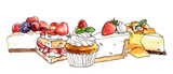 Watercolor hand painted sweet dessert cheesecakes and cupcakes illustration isolated on white background