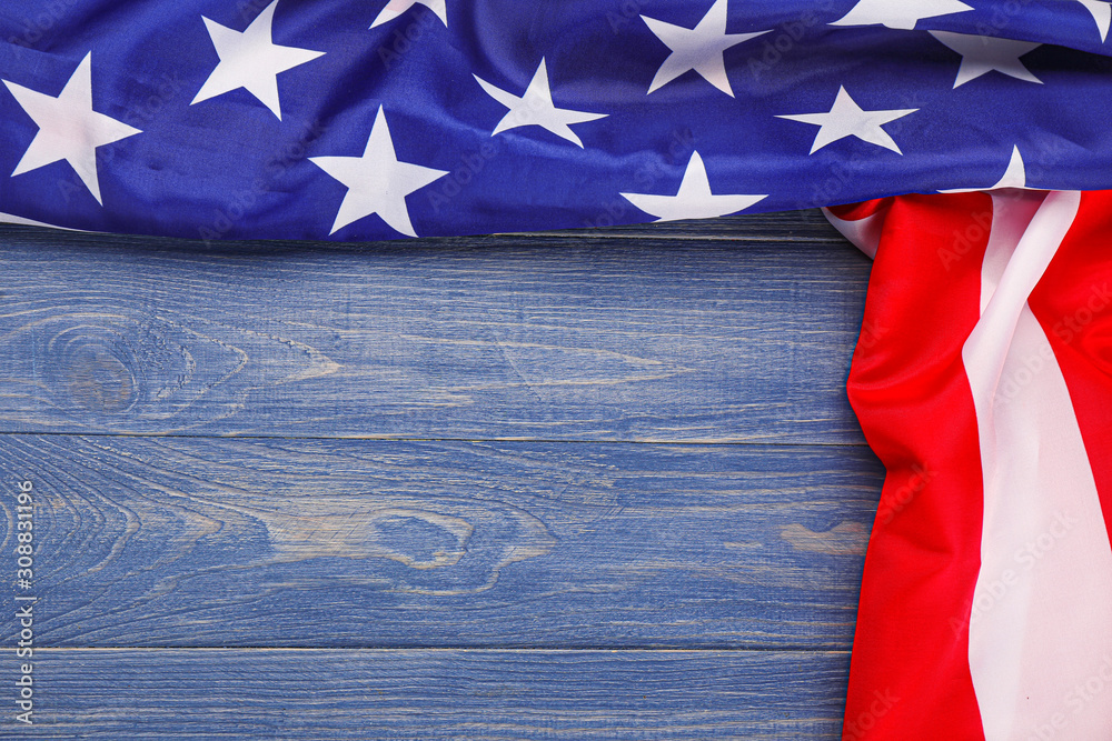 USA flag on wooden background. Memorial Day celebration