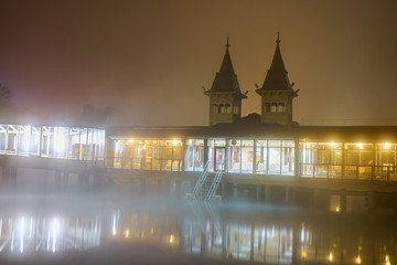 Canvas Print - Heviz lake at night. This pond is the largest natural warm watered thermal lake in the world for bathing.