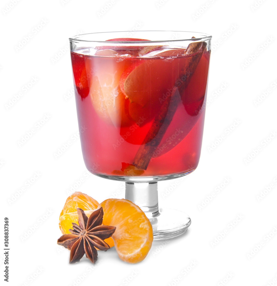 Glass of tasty mulled wine on white background