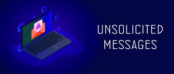 Poster - Isometric laptop with envelope icon and e-mail notification with unsolicited messages warning icon. Malware spreading and irrelevant spam mail message concept. Header or footer vector banner template