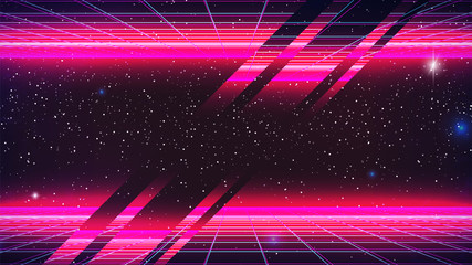 Wall Mural - synthwave glitch neon background. retro future pink glowing, blue perspective grids, starry sky. ret