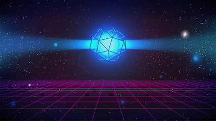 Wall Mural - synthwave retro future background. wireframe polyhedron with bright blue inside glow. 80s purple per