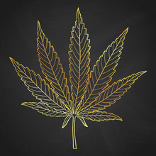 Hand Drawn Golden Marijuana Leaf Isolated Over Black