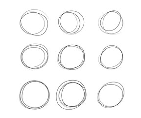 Monochrome circles, square, sketch, selection. Hand-drawn, scribbled. Design elements isolated on a light background.