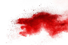Red Powder Explosion On White Background. Colored Cloud. Colorful Dust Explode. Paint Holi.