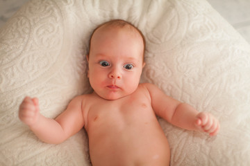 Portrait of charming two month caucasian baby on white plaid indoor in selective focus.