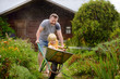 © Maria Sbytova - Happy little boy having fun in a wheelbarrow pushing by dad in domestic garden on warm sunny day. Child watering plants from a hose.