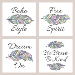 Wall Mural - Set of Boho style inspirational quote cards with colorful ornamental feather. Vector ethnic print design. Pastel colors vector hand drawn, tribal gipsy concept.