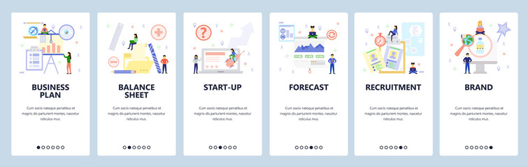 Poster - Mobile app onboarding screens. Job recruitment, financial forecast chart, business plan, balance sheet. Menu vector banner template for website and mobile development. Web site design illustration