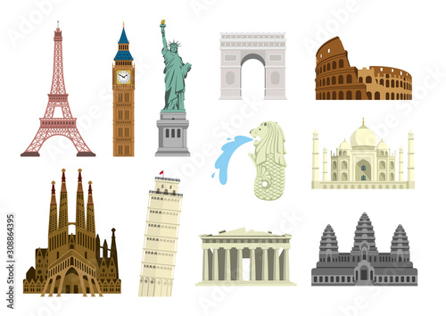 Cuadros en Lienzo World famous buildings vector illustration set ( world heritage ) / Statue of liberty, Eiffel tower, Sagrada Familia etc