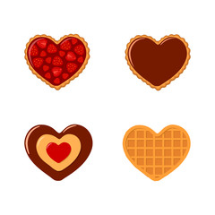 Wall Mural - Valentines day. Set of cookies and waffles in heart shaped with strawberries and chocolate