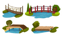 Different Bridges Collection, Wooden, Rope Footbridges Vector Illustration