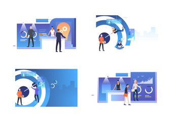 Poster - Goal setting set. Business leaders driving dart into target, analyzing chart. Flat vector illustrations. Business, leadership, teamwork concept for banner, website design or landing web page