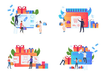 Special offer set. Customers buying goods at sale, paying with credit card. Flat vector illustrations. Business, payment, shopping concept for banner, website design or landing web page