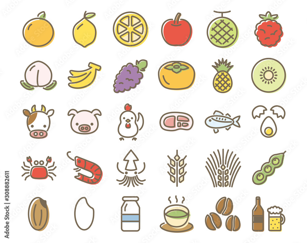 果物 肉 魚 穀物 嗜好品 フードの線画アイコンセット Wall Mural Kumashacho