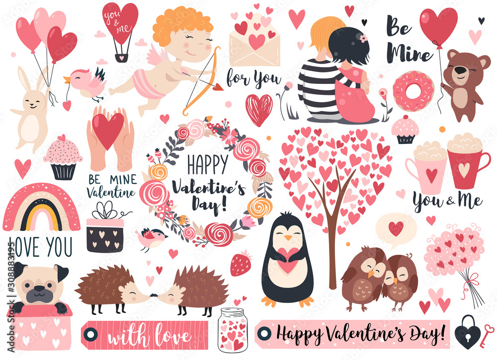 Valentine day set - cute cupid, rabbit, bear, hedgehog, wreath and hearts.  Perfect for scrapbooking, greeting card, party invitation, poster, tag, sticker kit. Vector illustration. - obrazy, fototapety, plakaty 
