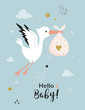 Baby shower card with stork. Birthday invitation template. Vector illustration.