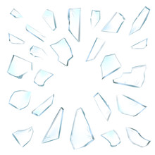 Broken Glass Pieces. Shattered Glass On White Background. Vector Realistic Illustration