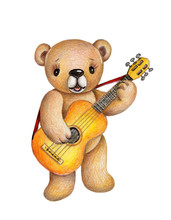 Watercolor Illustration .of Cute Teddy Bear With A Guitar. Isolated. Hand Drawn