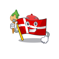 Sticker - Cheerful flag denmark Artist cartoon character with brush