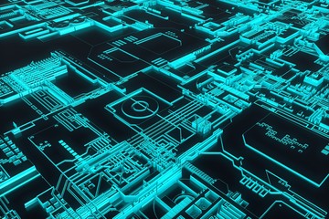 Futuristic circuit board. Science fiction technology background. Blue glowing microchip design