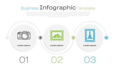 Wall Mural - Set line Photo camera, Postal stamp and Egypt pyramids and Postal stamp and Eiffel tower. Business infographic template. Vector