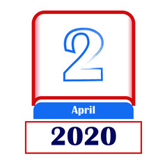 2 april 2020. vector flat daily calendar. date, month.