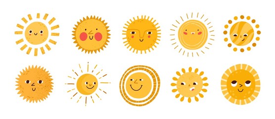 Poster - Cute sun flat vector illustrations set. Yellow childish sunny emoticons collection. Smiling sun with sunbeams cartoon character isolated on white background. T shirt print design element.