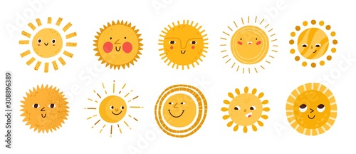 Cuadros en Lienzo Cute sun flat vector illustrations set