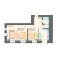 Wall Mural - Three bedroom apartment plan / layout, architectural background, top view