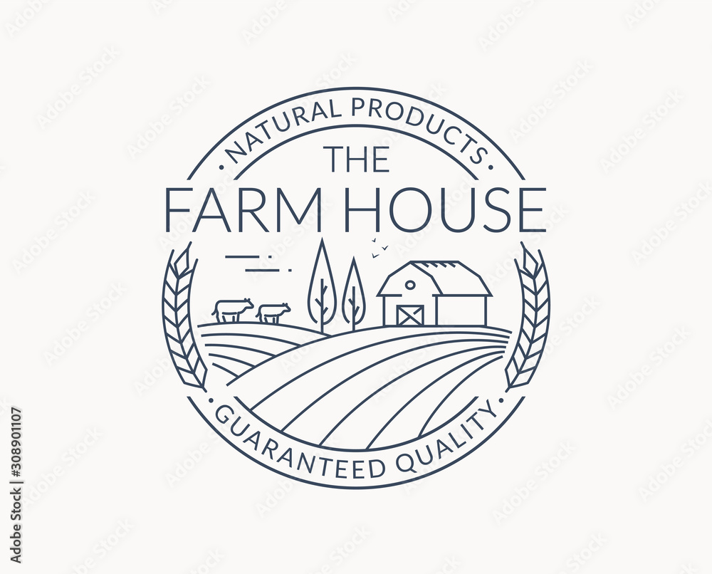 Farm emblem with farmhouse, wheat ear and cows. - obrazy, fototapety, plakaty 