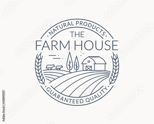 Cuadros en Lienzo Farm emblem with farmhouse, wheat ear and cows.