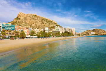 Panoramic view of Alicante city and El Postiguet Beach, Mediterranean destination in Spain