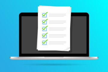 Fototapete - Checklist document on laptop vector illustration. flat cartoon computer with paper checklist and to do list with checkboxes, concept of survey. online quiz, completed things or done test, feedback