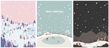 Set Of Winter Season Postcard,mountain Small Village With Snowflake,deer,snowman And Church In Pastel Pink,mint Green And Night  Scene.Concept Of Happy Winter.Merry Christmas.
