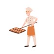 Smiling male baker baking bread flat vector illustration. Happy bakery worker putting tasty loaves in oven. Bakehouse staff in uniform holding buns on shovel cartoon color character.