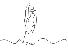 Continuous One Line Drawing Of Perfume Fragrance Bottle. Hand Finger Pushing Aroma Perfumes Liquid Spray. Minimalism Vector Style.