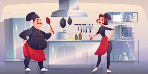 Chef and sous chef on kitchen. Restaurant staff in uniform stand at cooking area with appliances and furniture table, oven, range hood, refrigerator and metal utensil. Cartoon vector illustration