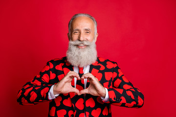 Poster - Close-up portrait of his he nice attractive cheerful cheery glad amorous friendly bearded white-haired man showing heart gesture isolated over bright vivid shine vibrant red color background