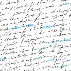 Poster - Handwritten abstract text with mistakes and misprints seamless pattern, vector monochrome script background, with scribbles and blots