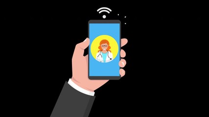 Poster - Hand holding smartphone with female doctor on call and an online consultation. Animation in alpha channel. 4K resolution. 
