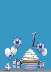 Number 1 blue birthday cupcake with balloons and gifts. 3D Render