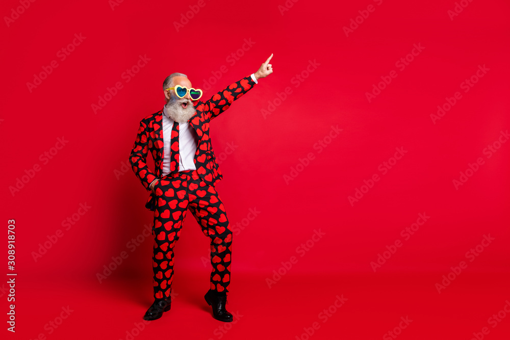 Full length body size view of his he nice attractive trendy crazy cool cheerful cheery white-haired guy dancing having fun clubbing isolated on bright vivid shine vibrant red color background - obrazy, fototapety, plakaty 