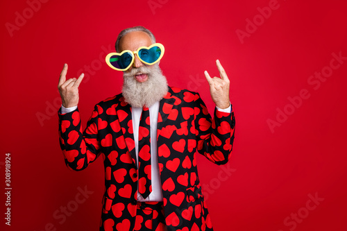Cuadros en Lienzo Photo of funky aged man amour cupid character role showing horns fingers excited