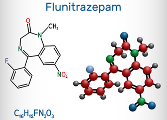 Poster - Flunitrazepam drug molecule. It has hypnotic, sedative, anxiolytic properties. Structural chemical formula and molecule model