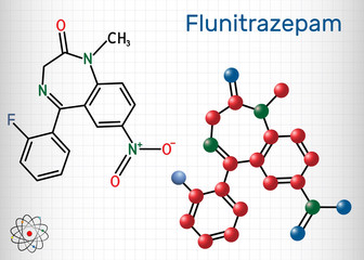 Wall Mural - Flunitrazepam drug molecule. It has hypnotic, sedative, anxiolytic properties. Structural chemical formula and molecule model. Sheet of paper in a cage