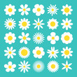 Camomile big set. White daisy chamomile icon. Cute round flower plant nature collection. Love card symbol. Growing concept. Decoration element. Flat design. Green background. Isolated.